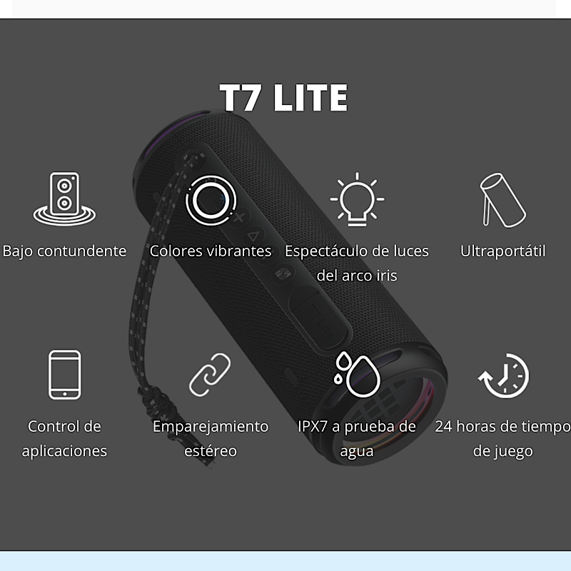 Tronsmart T7 Lite - Altavoz Bluetooth portátil de 24 W, graves mejorados,  espectáculo de luz arcoíris, tiempo de reproducción 24 horas, IPX7